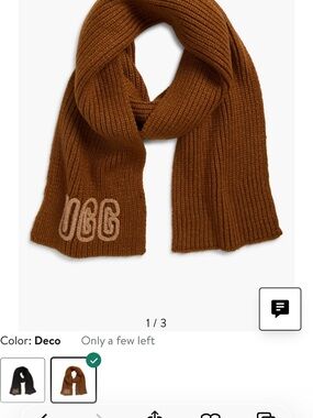UGG Deco Brown Ribbed Knit Scarf with Contrasting Logo
